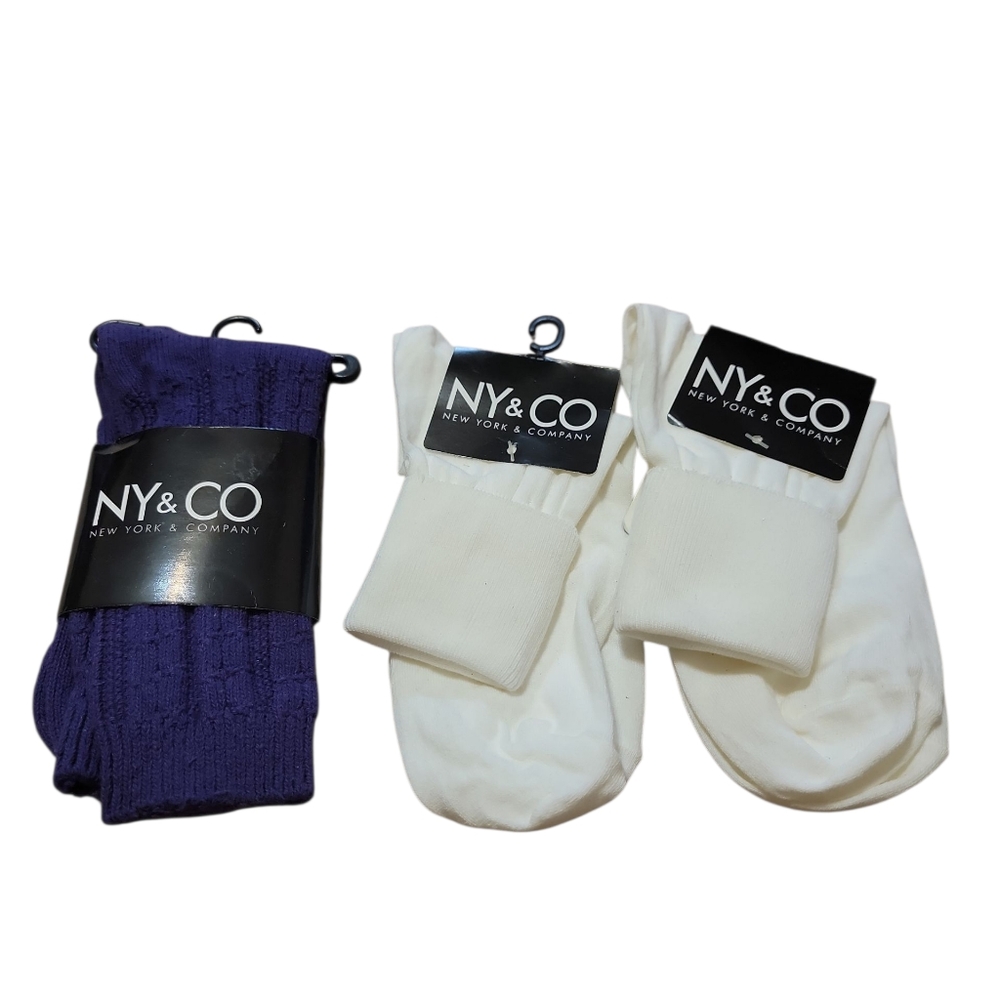 New York & Company‎ Womens New Socks 3 Pair Lot 2 Ivory White And 1 Purple